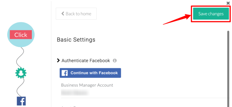 CustomerLabs Facebook Offline Conversion settings screen showing authentication details and the “Continue with Facebook” button.
A red arrow highlights the green “Save changes” button in the top-right corner.