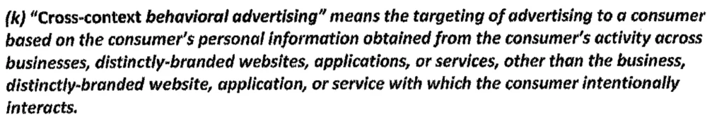 Screenshot from CCPA actual PDF containing the part on Cross-context behavioural advertising to the consumer