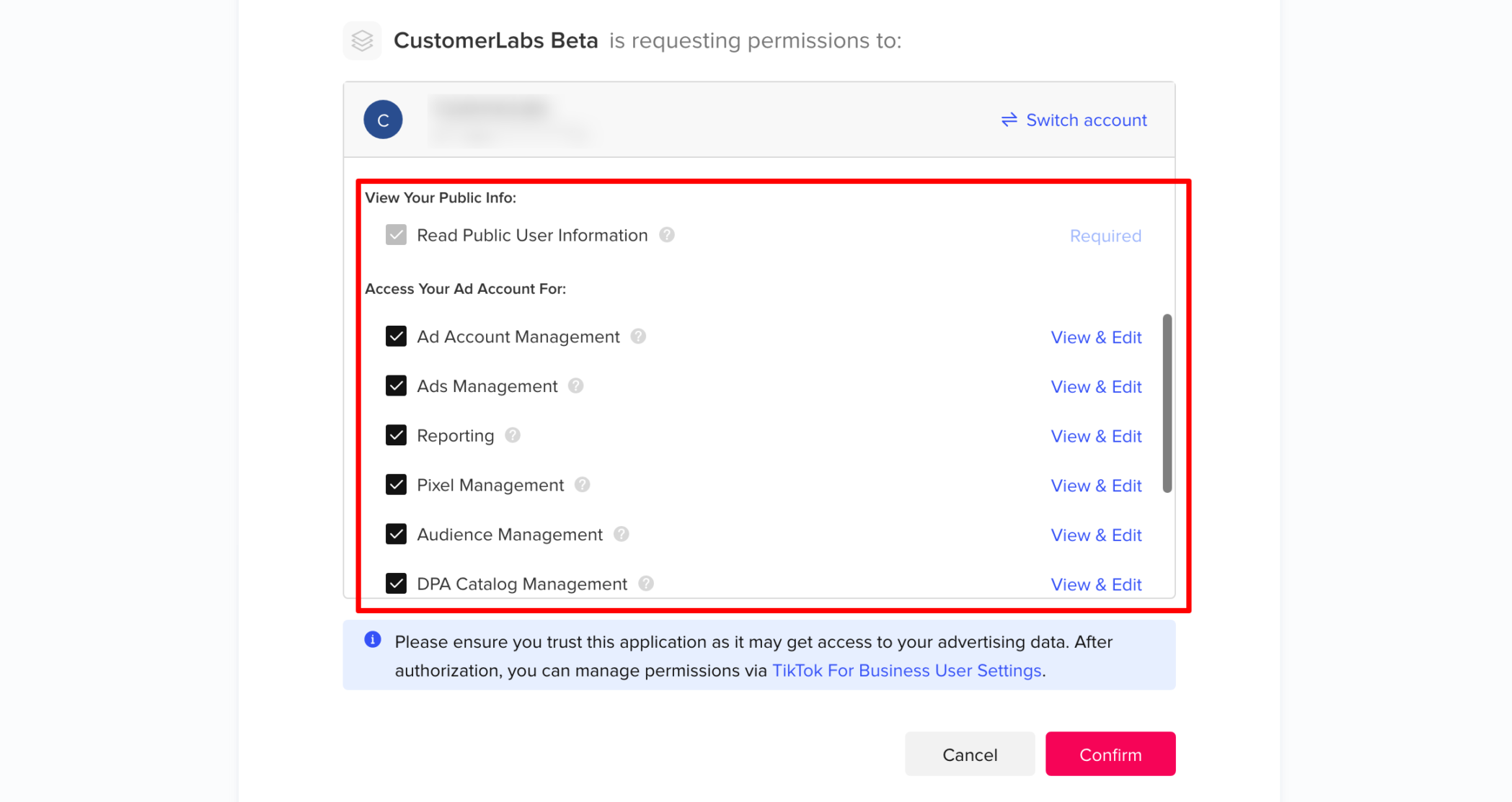 TikTok Ads Platform showing account access request