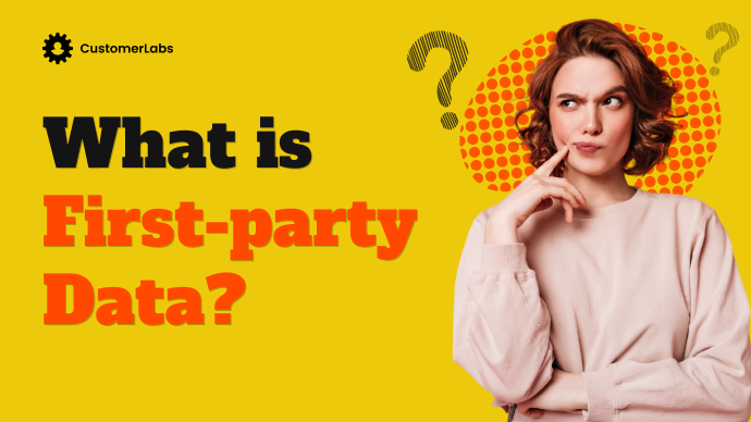 The image is a blog banner containing the text What is First-party data and with a image of a women confused or curious to know more about it.