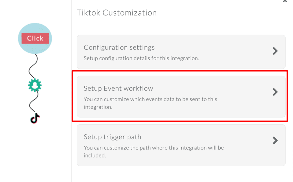 TikTok configuration settings and event workflow setup step highlighted