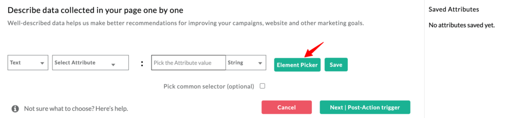 Element picker shown in the no code event tracker by CustomerLabs CDP