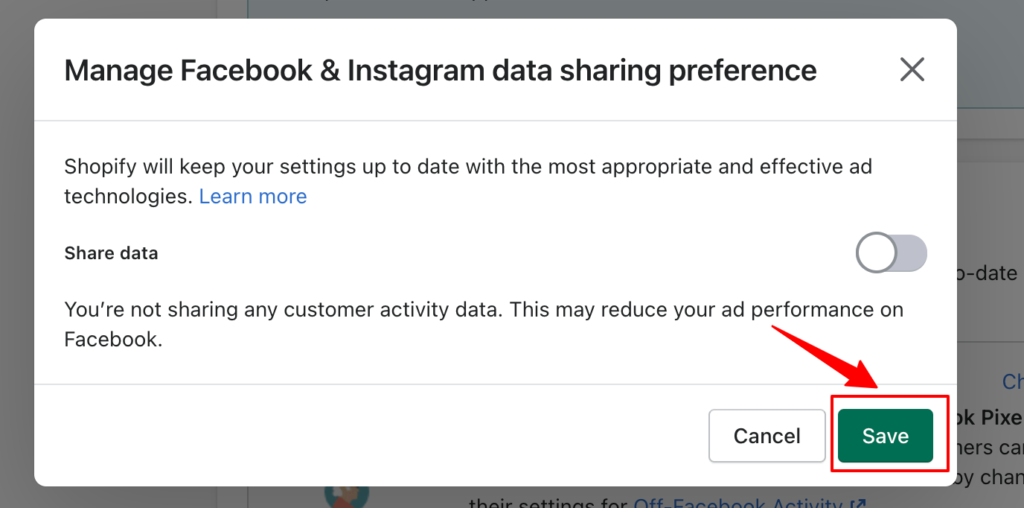 Manage Facebook Data Sharing preference