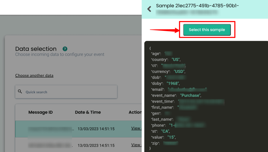 Sample data showing the raw data inside CustomerLabs CDP