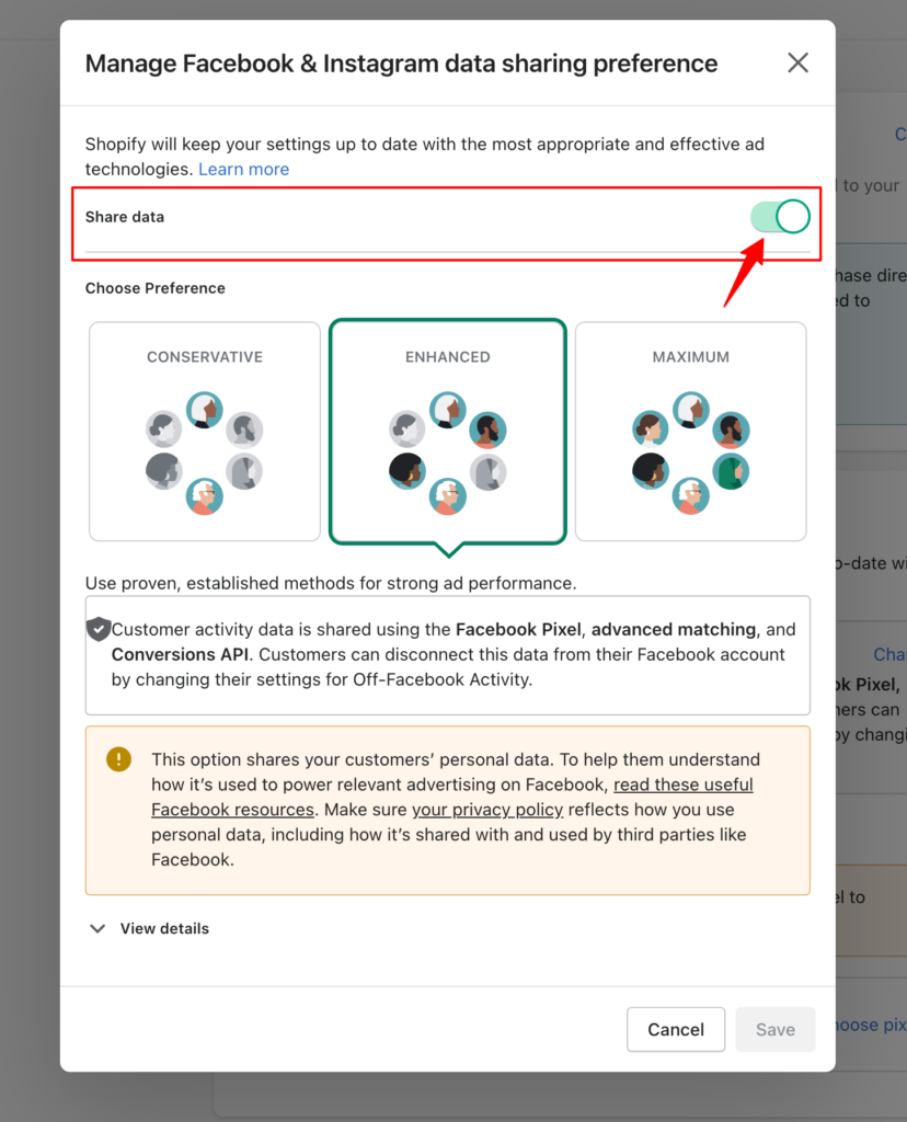 Share data toggle on inside Shopify