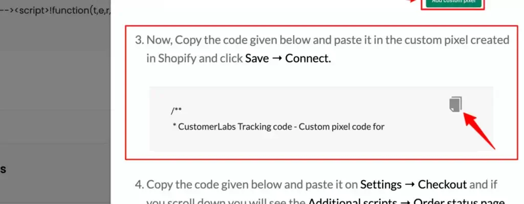 Screenshot of the Custom Pixel code for Shopify