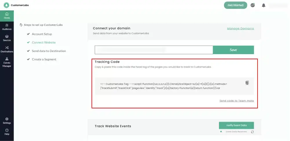 Customerlabs CDP dashboard tracking code step 2 connect website