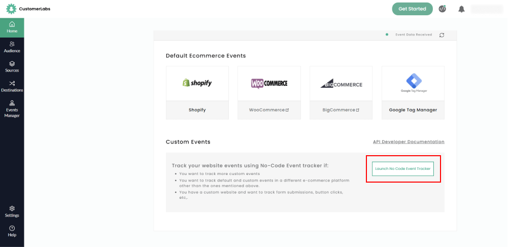 Screenshot of CustomerLabs CDP dashboard showing WooCommerce, BigCommerce, Shopify Integrations and Launch No Code Event Tracker Button