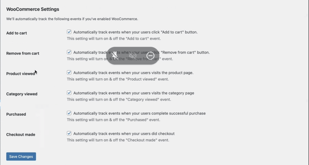 Screenshot showing WooCommerce WordPress CustomerLabs plugin dashboard showing all events that can be tracked.