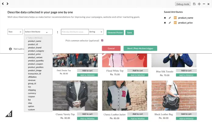 BigCommerce Store with no code event tracker second step where you have to give in attributes like Product Name, and value to track the event of added to wishlist and integrate it to understand the customer behaviour