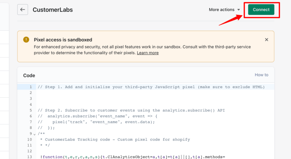 Shopify Store Custom Pixel code connect button