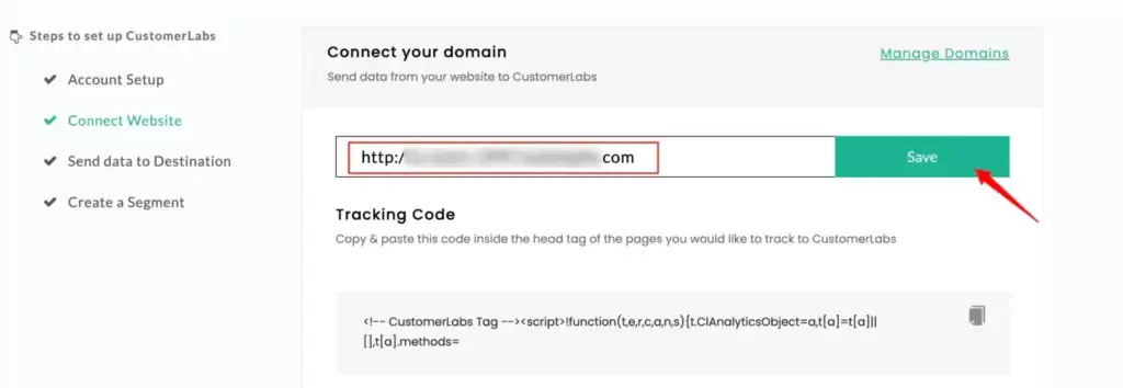 Screenshot of CustomerLabs Dashboard with first-step - Connect website