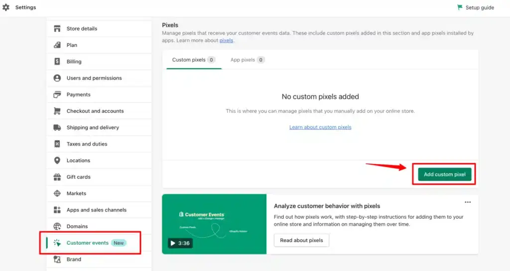 Screenshot from Shopify store showing step by step process to add custom pixel code. When you do this the Shopify datalayer events will be synced with CustomerLabs with the help of CustomerLabs pixel code imbibed within the Shopify pixel code datalayers.