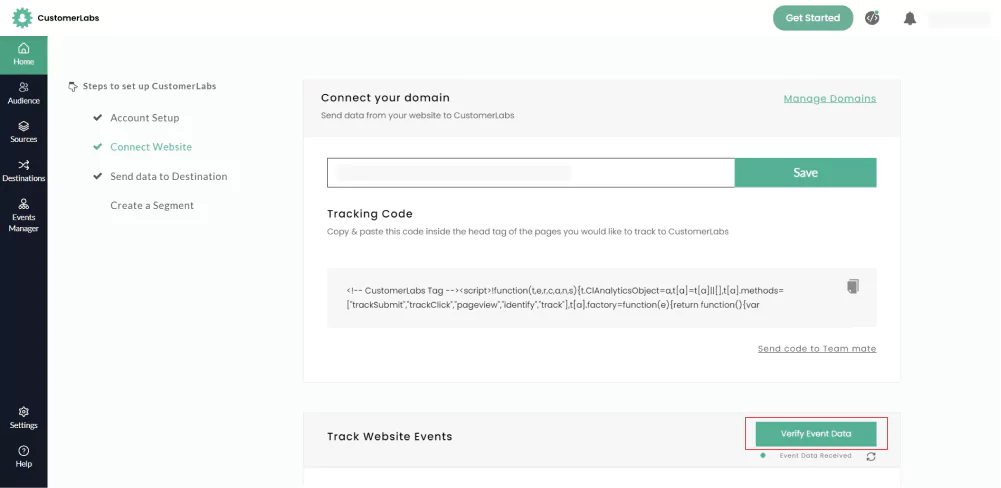 CustomerLabs CDP Dashboard showing Verify Event Data for all the conversion events tracked