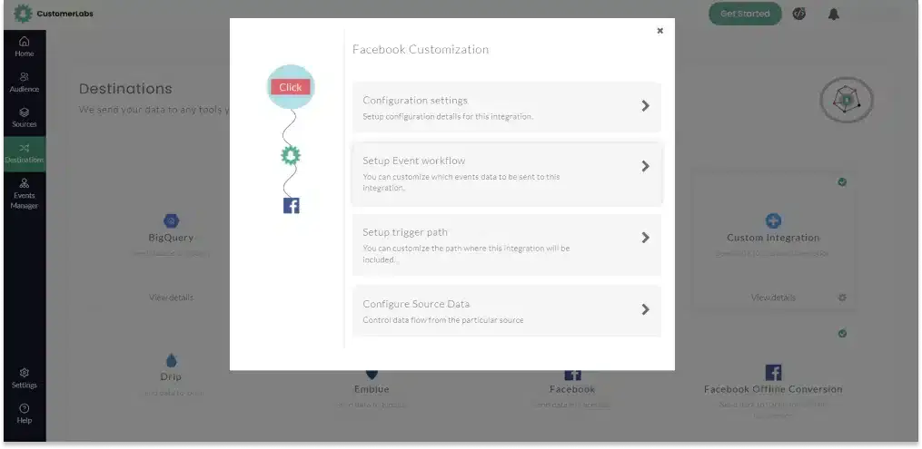 CustomerLabs Integration of Facebook dashboard screenshot step by step process step 1