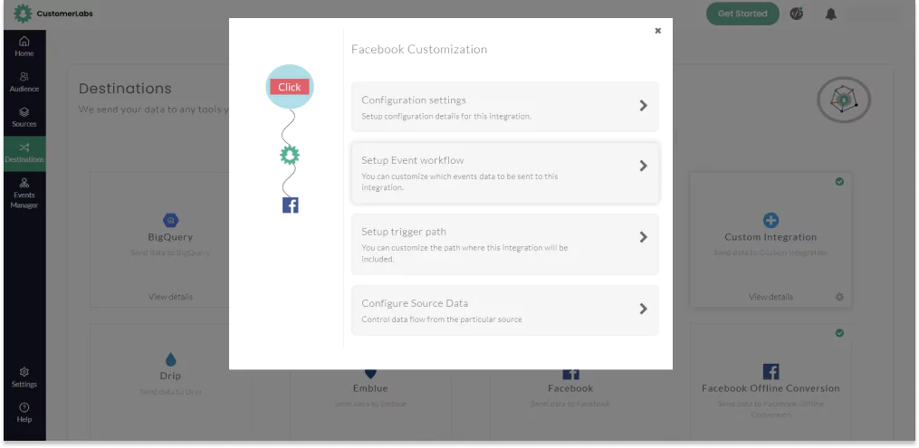 CustomerLabs Integration of Facebook dashboard screenshot step by step process step 1