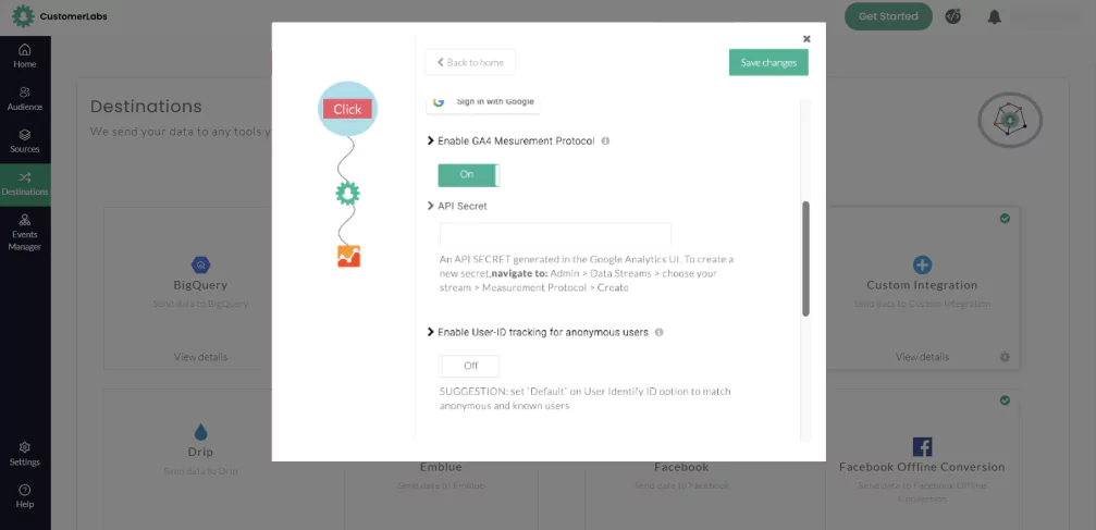 CustomerLabs Dashboard for GA4 integration set up process