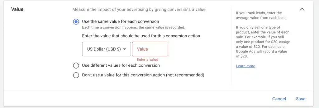 Screenshot from Google Ads that shows the conversion value in the bidding strategy for Maximize Conversion value