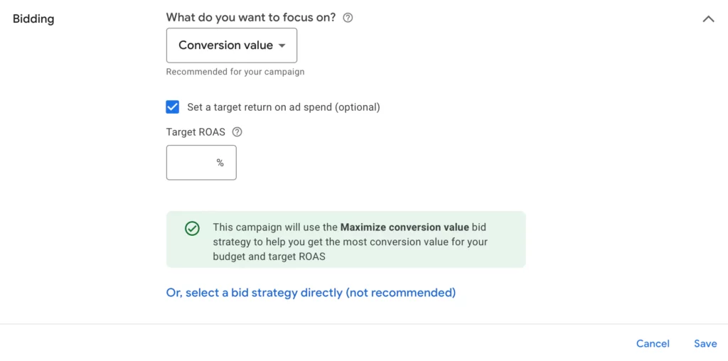 The image is a Screenshot showing The Maximize Conversion value ; the value based bidding strategy in Google Ads