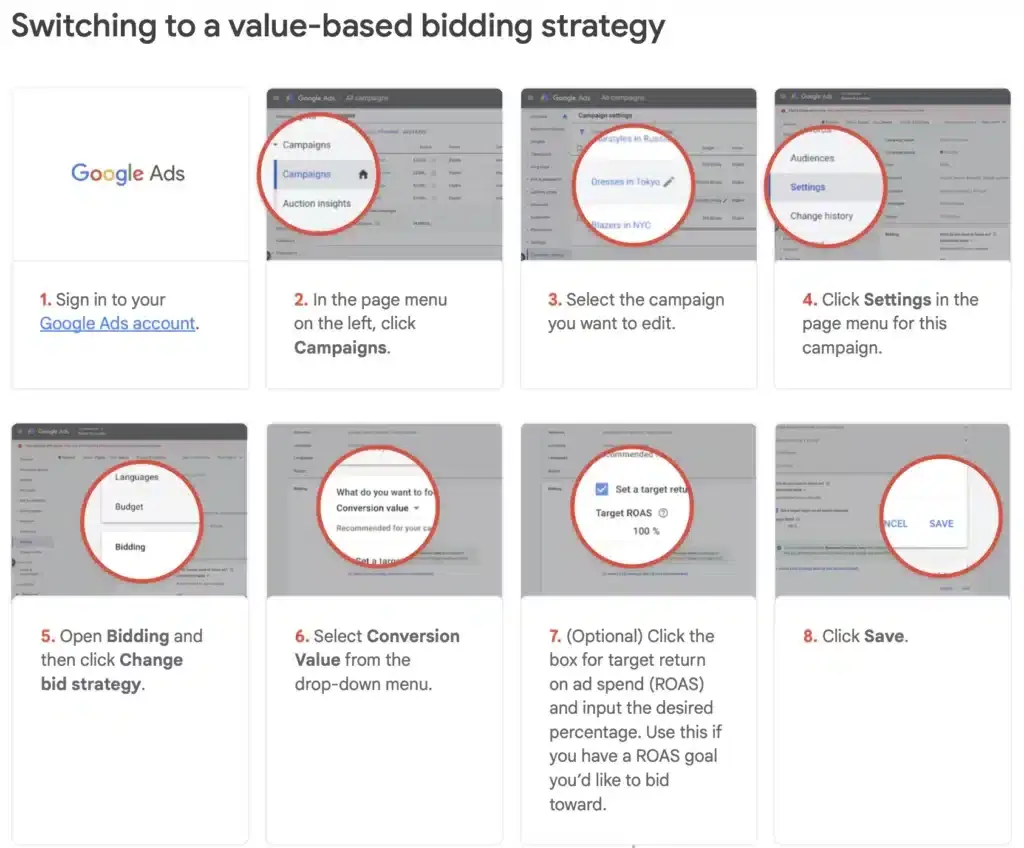 Google Ads Screenshot that shows step by step process of switching to a value based bidding strategy