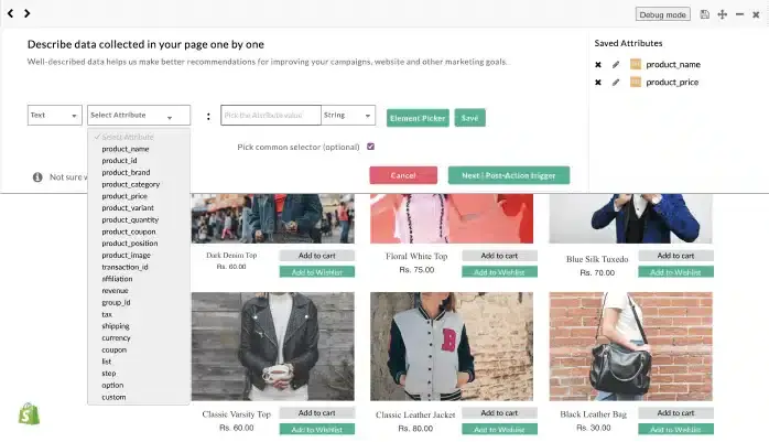 Shopify Store with CustomerLabs event tracker that is collecting attributes