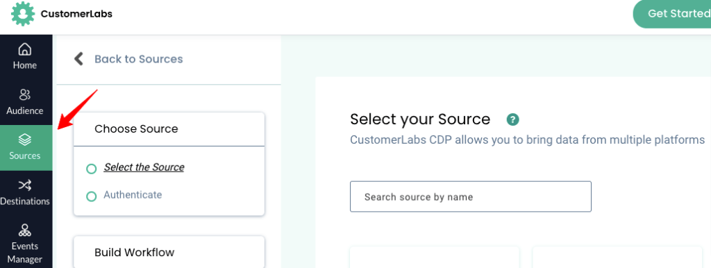 Sources tab in the menu bar in CustomerLabs CDP dashboard