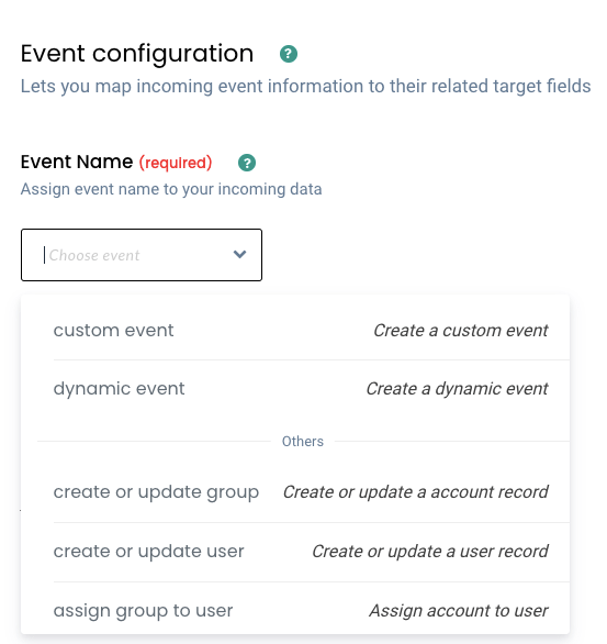 Event configuration with all the event names, create user event, creating custom event image