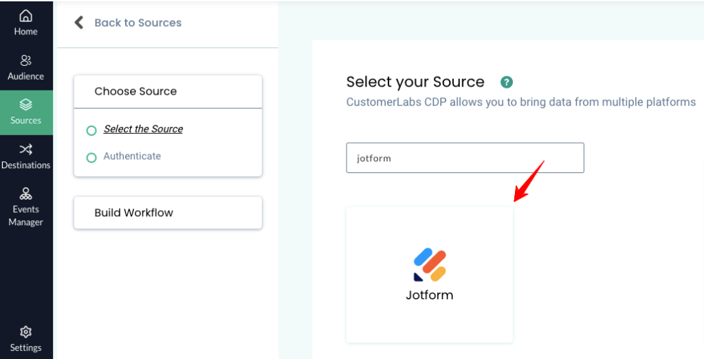 Select Jotform as a source in CustomerLabs CDP