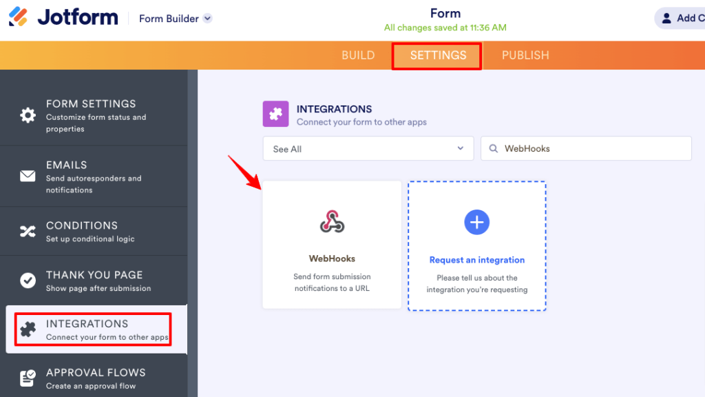 Jotform integration through webhook inside the Jotform dashboard to send data into CustomerLabs CDP 