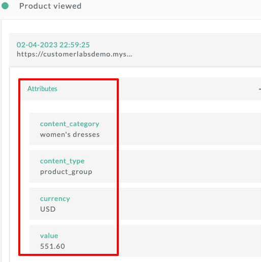 Attributes for the event data collected with the attributes such as content type, currency, value. content category, etc. for every single event tracked