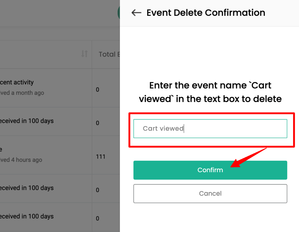 Event delete confirmation dialogue box in CustomerLabs CDP app 