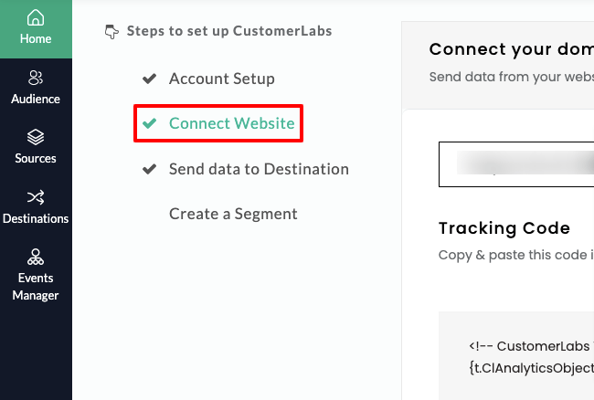 CustomerLabs CDP dashboard that shows Connecting Shopify website through URL