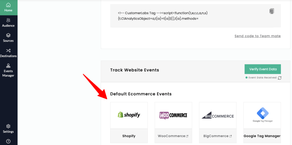 Screenshot of CustomerLabs CDP App showing Shopify direct integration to track all default eCommerce events. 
