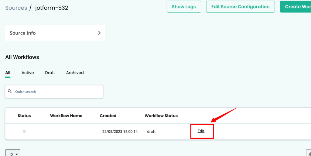 Jotform source integration inside CustomerLabs CDP to edit the workflow and set it up 