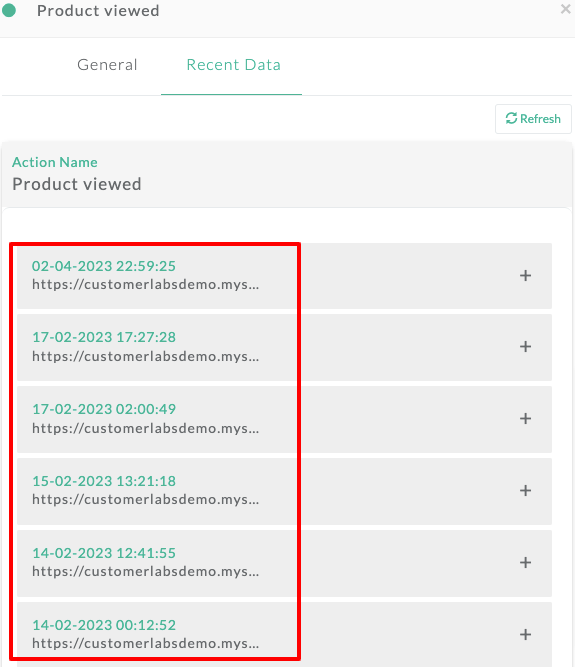 Recent data for a particular event synced through CustomerLabs CDP