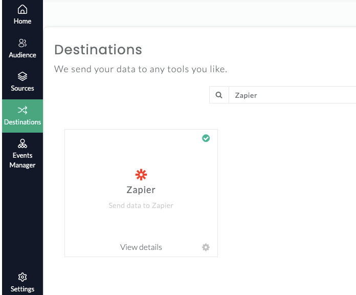 CustomerLabs CDP Destinations showing Zapier integration with the text send data to Zapier from CustomerLabs CDP. 