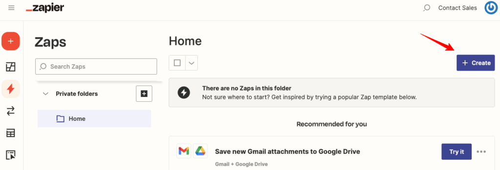 Zaps dashboard showing to create Zaps in the folders to easily collect data and send it to other platforms. 