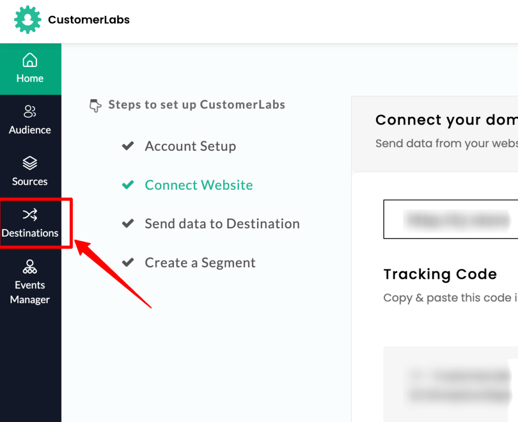 CustomerLabs CDP dashboard showing destinations 