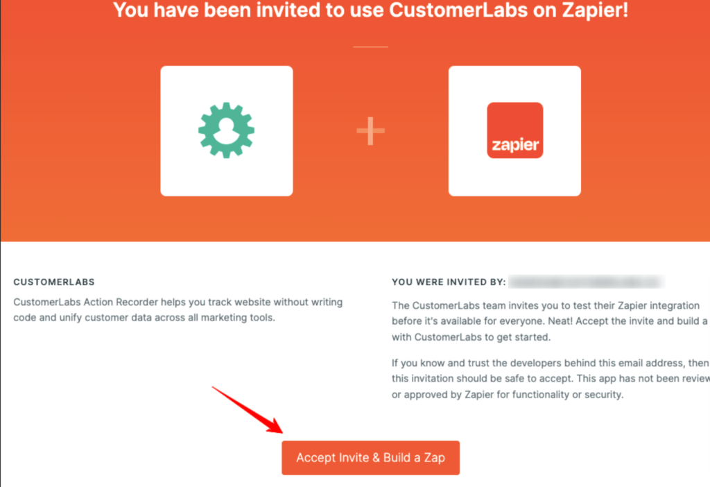 Zapier App dashboard showing the invitation from CustomerLabs CDP to integrate and send data easily. 