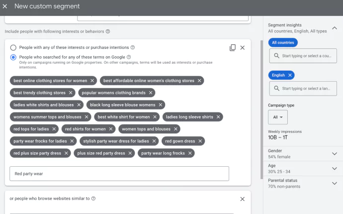 Image shows the screenshot of Google Ads dashboard in Performance Max Campaign showing how to add custom segment by adding relevant and related keywords.