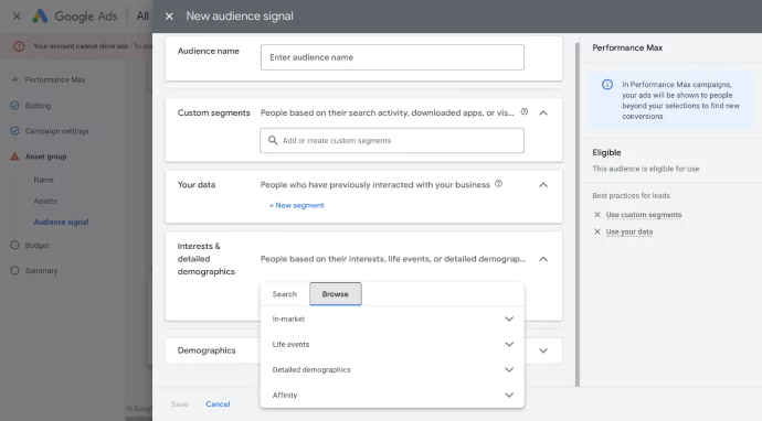 The image shows the screenshot of adding a New audience signals in Performance Max Campaign of Google Ads that shows you can add audience signals based on interests & detailed demographics