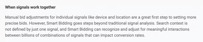 Screenshot showing what happens when audience signals work together. It is from a PDF launched by Google Ads titled Setting Smarter Search Bids Inside automated bidding with Google Ads that talks about audience signals.