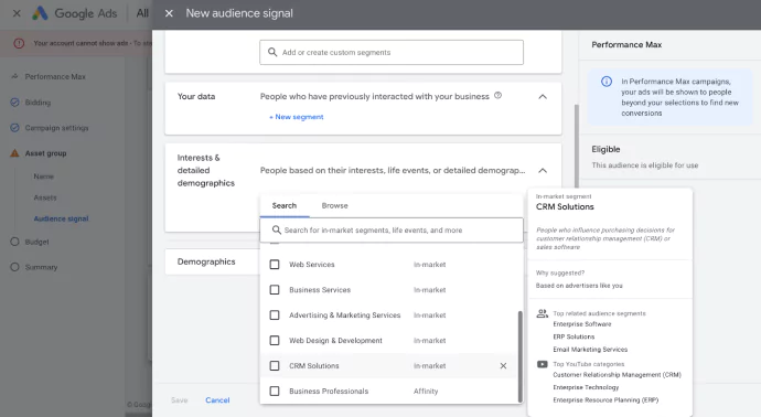 The screenshot is from Google Ads Performance Max campaign set up where audience signals are given in detail and how it shows the insights for the both in-market & affinity audiences among others.