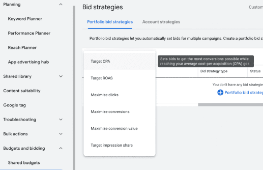 Screenshot of Bid strategies under the portfolio bid strategy in Google Ads