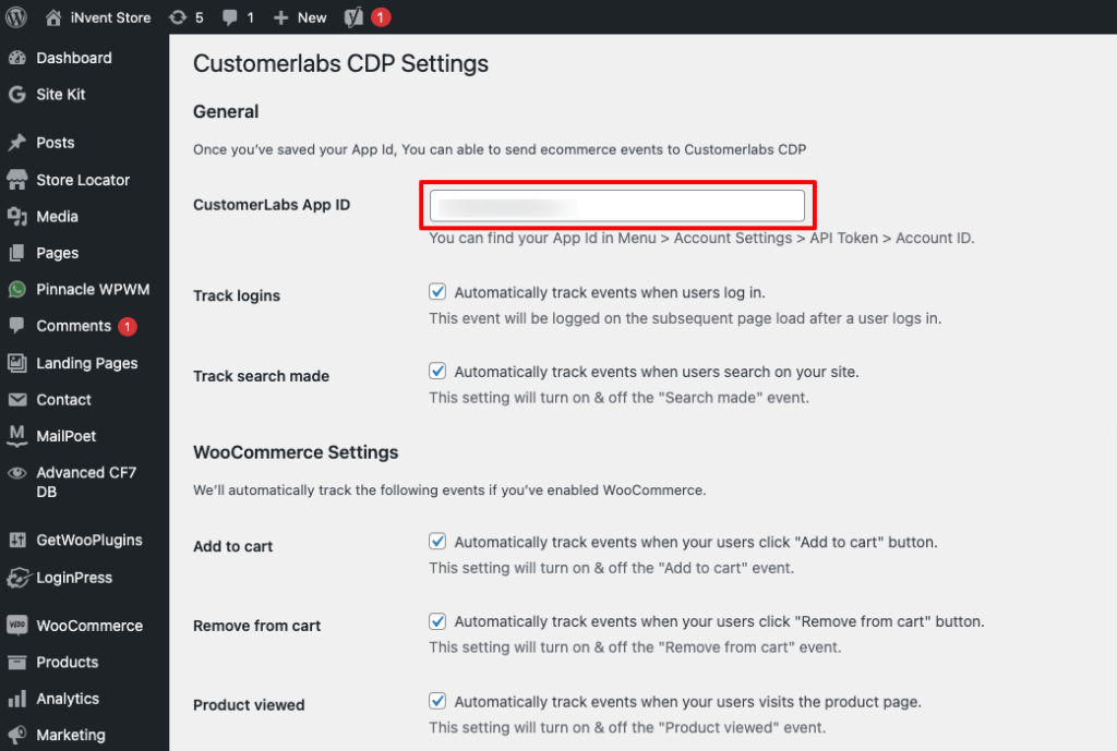 WooCommerce CustomerLabs CDP integration through pasting the customerlabs App ID inside the highlighted portion of the image. 