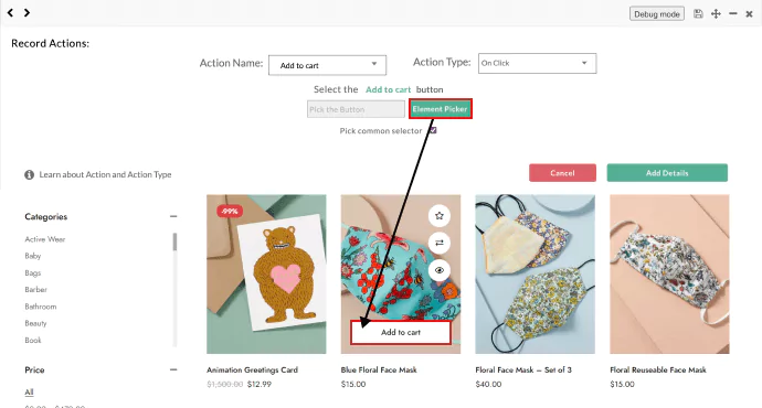 custom built eCommerce store image showing the no-code event tracker tracking the add to cart button click action