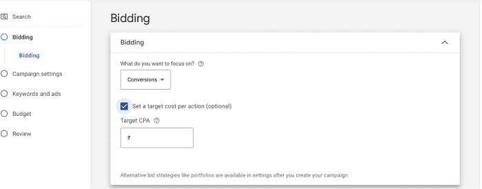 Google Ads Campaign Setup Screenshot at the bidding stage showing How tCPA is a bid strategy under the maximize conversions bid strategy, an automated bid strategy