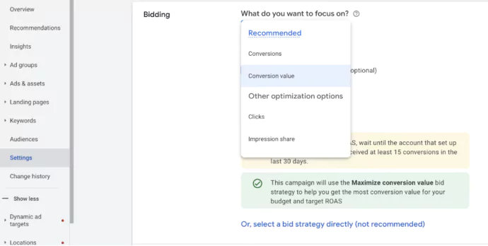 The image showing screenshot from Google Ads that shows all the available bid strategies and the recommendations and suggestions that Google Ads tells.