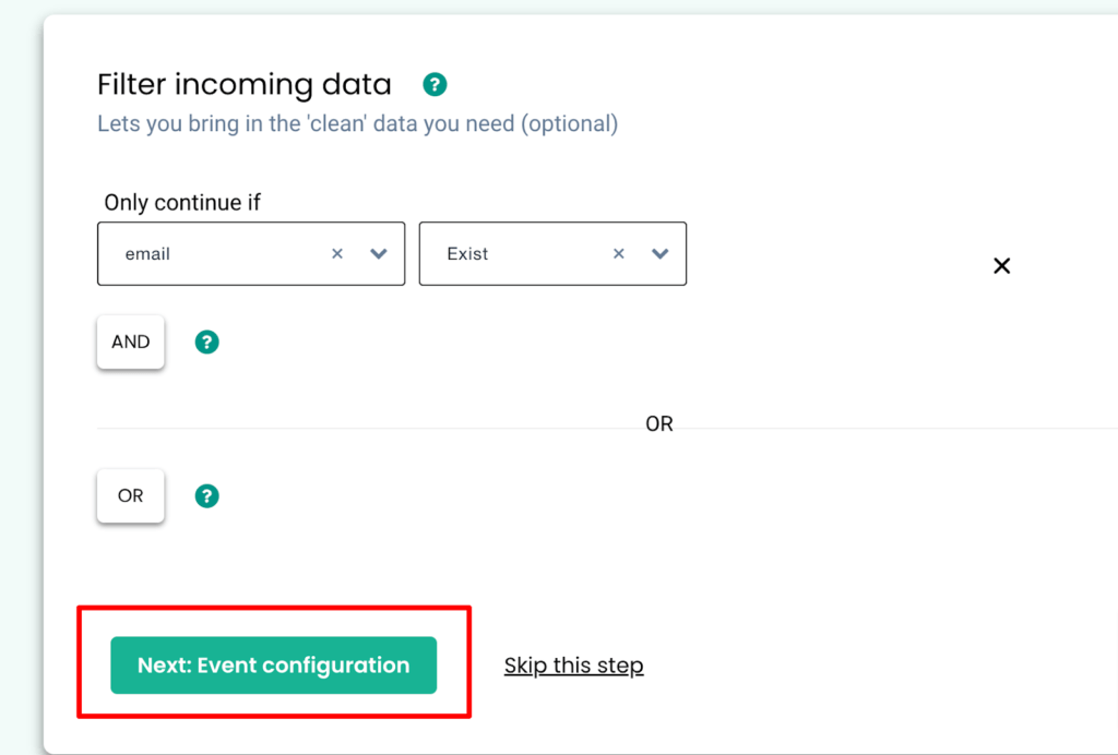 Filtering event data using conditions and then moving on to next step.