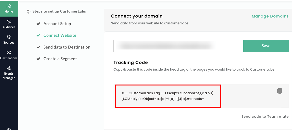 The image shows the customerlabs dashboard which has the screen to copy the tracking code provided and insert it inside the <header> tag of every page on the website